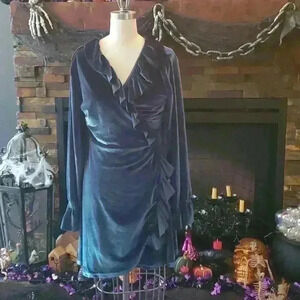 Green velvet wrap dress.